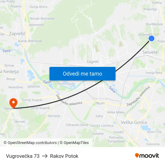 Vugrovečka 73 to Rakov Potok map