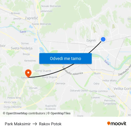 Park Maksimir to Rakov Potok map
