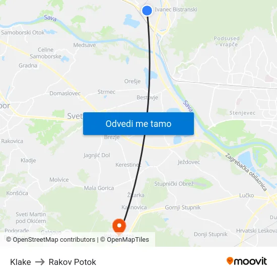 Klake to Rakov Potok map