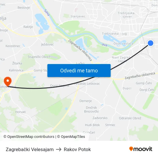 Zagrebački Velesajam to Rakov Potok map