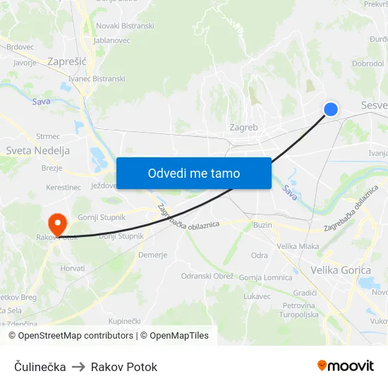 Čulinečka to Rakov Potok map