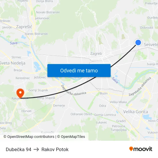 Dubečka 94 to Rakov Potok map