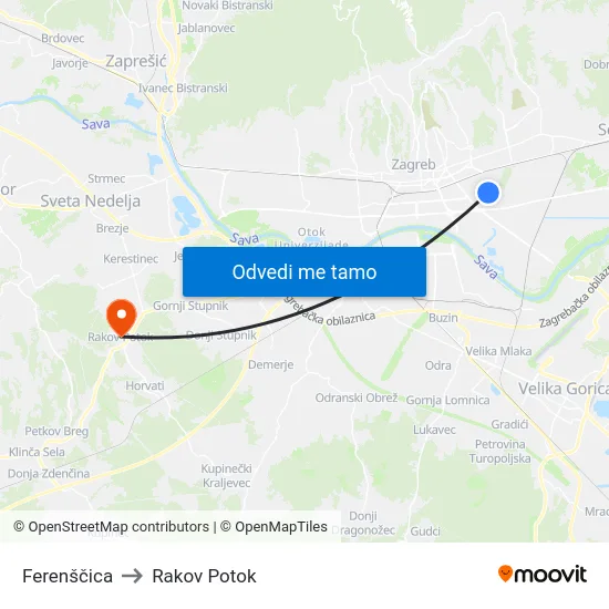 Ferenščica to Rakov Potok map