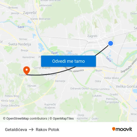 Getaldićeva to Rakov Potok map