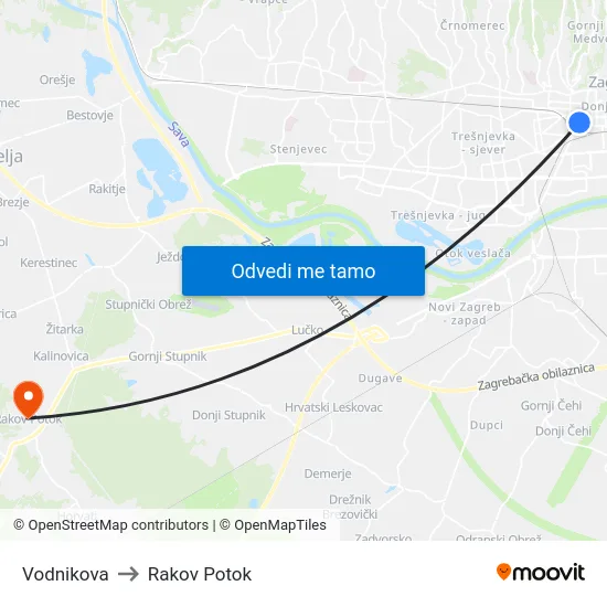 Vodnikova to Rakov Potok map