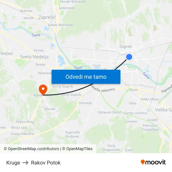 Kruge to Rakov Potok map