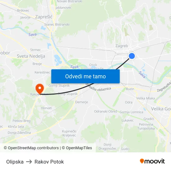 Olipska to Rakov Potok map