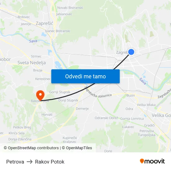 Petrova to Rakov Potok map