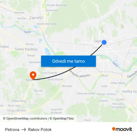 Petrova to Rakov Potok map