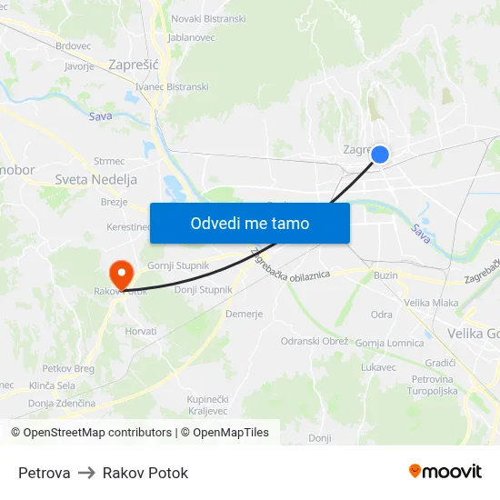 Petrova to Rakov Potok map