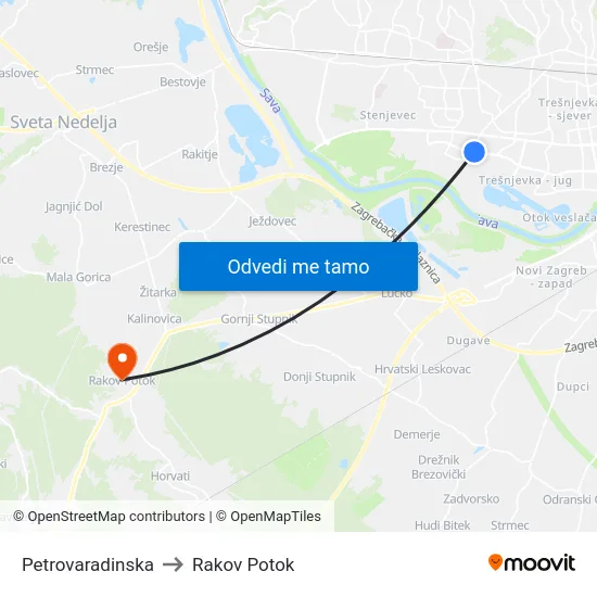Petrovaradinska to Rakov Potok map