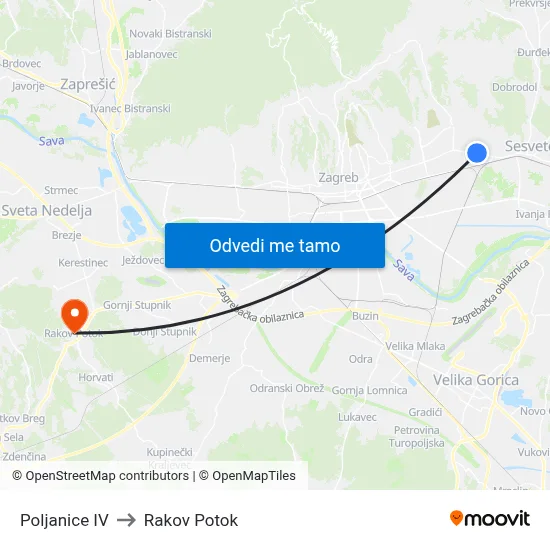 Poljanice IV to Rakov Potok map