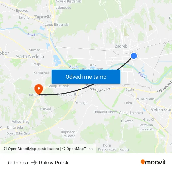 Radnička to Rakov Potok map