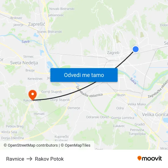 Ravnice to Rakov Potok map