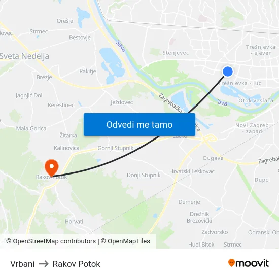 Vrbani to Rakov Potok map