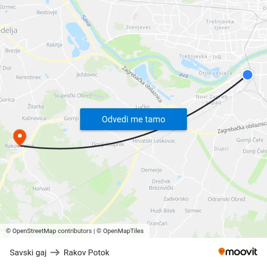Savski gaj to Rakov Potok map