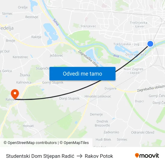 Studentski Dom Stjepan Radić to Rakov Potok map