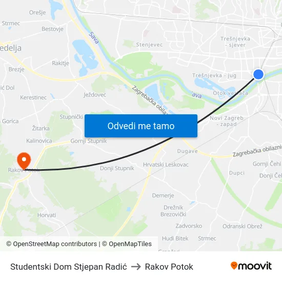 Studentski Dom Stjepan Radić to Rakov Potok map