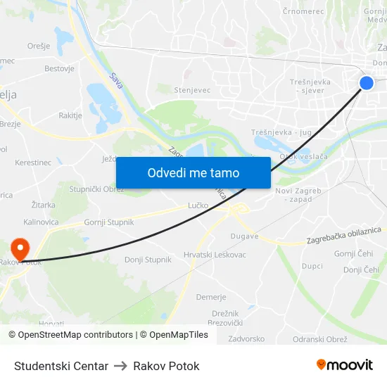 Studentski Centar to Rakov Potok map