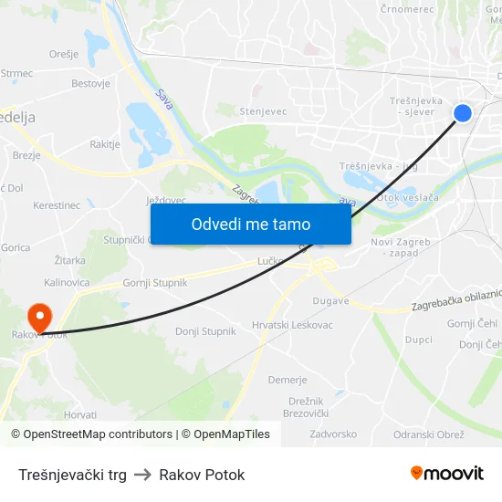 Trešnjevački trg to Rakov Potok map