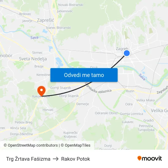 Trg Žrtava Fašizma to Rakov Potok map