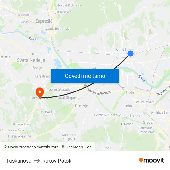 Tuškanova to Rakov Potok map