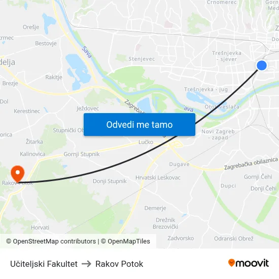 Učiteljski Fakultet to Rakov Potok map