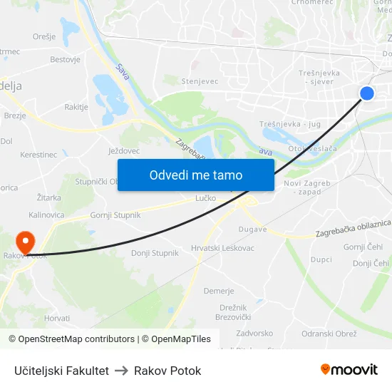 Učiteljski Fakultet to Rakov Potok map