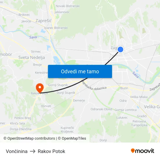 Vončinina to Rakov Potok map