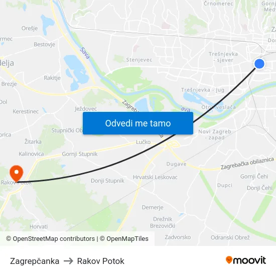 Zagrepčanka to Rakov Potok map