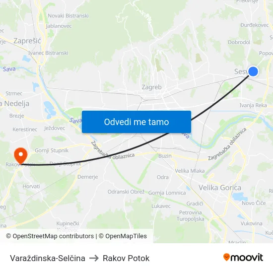Varaždinska-Selčina to Rakov Potok map