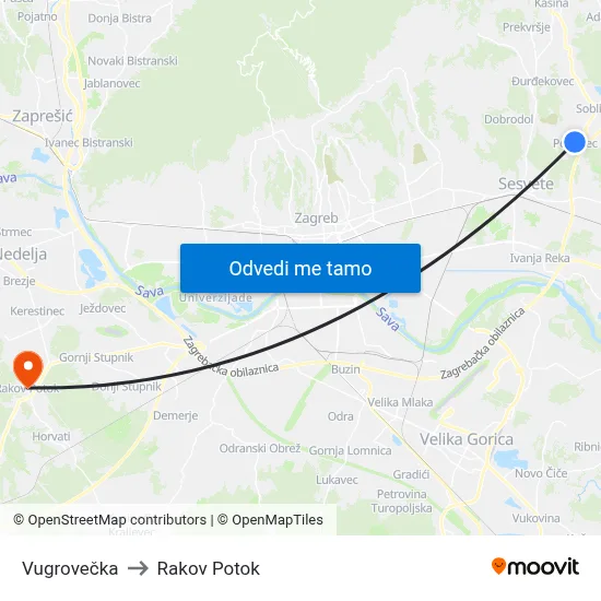 Vugrovečka to Rakov Potok map