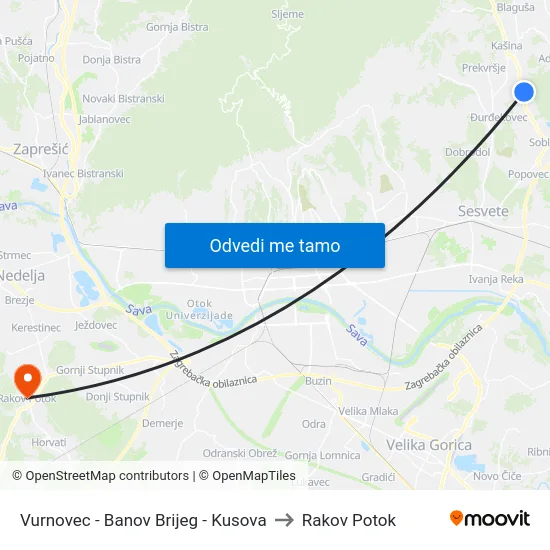 Vurnovec - Banov Brijeg - Kusova to Rakov Potok map