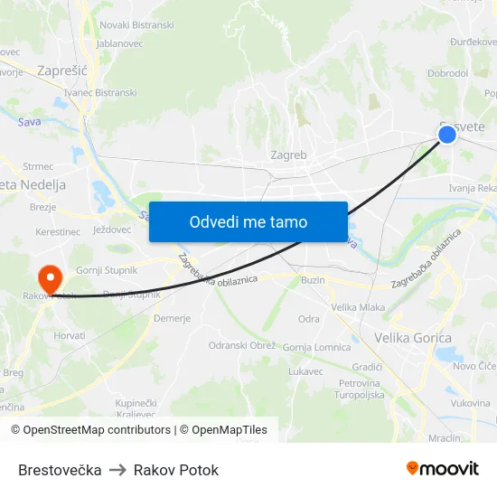 Brestovečka to Rakov Potok map