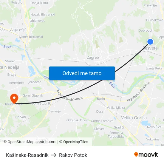Kašinska-Rasadnik to Rakov Potok map