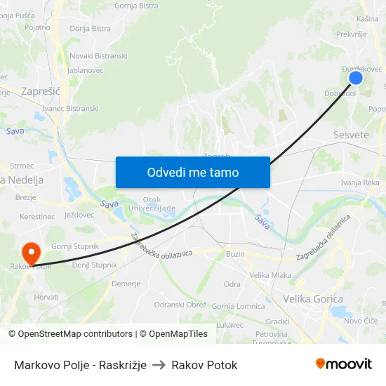 Markovo Polje - Raskrižje to Rakov Potok map