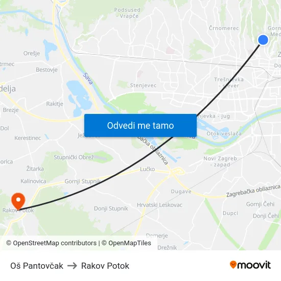 Oš Pantovčak to Rakov Potok map