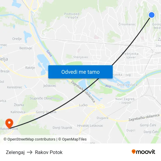 Zelengaj to Rakov Potok map
