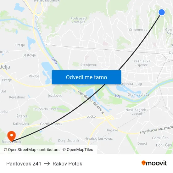Pantovčak 241 to Rakov Potok map