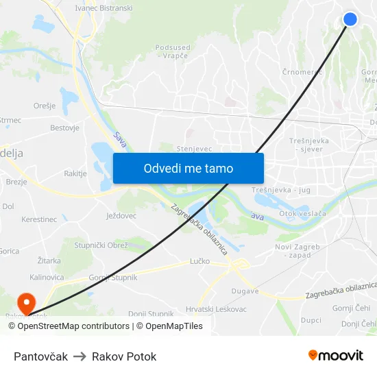 Pantovčak to Rakov Potok map