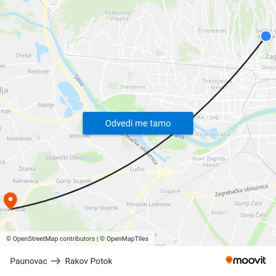 Paunovac to Rakov Potok map
