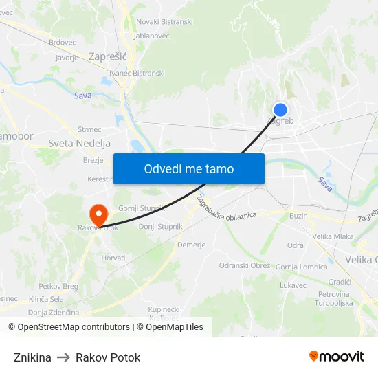 Znikina to Rakov Potok map