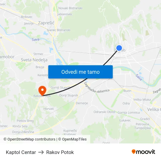 Kaptol Centar to Rakov Potok map