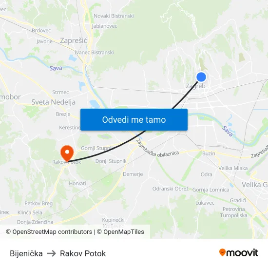 Bijenička to Rakov Potok map