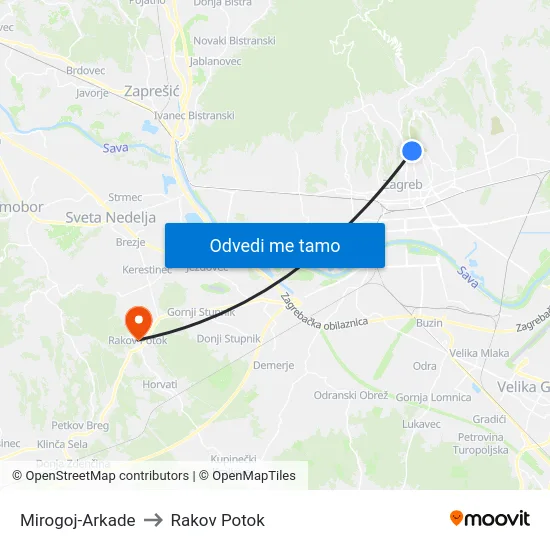 Mirogoj-Arkade to Rakov Potok map