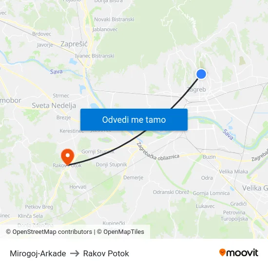 Mirogoj-Arkade to Rakov Potok map