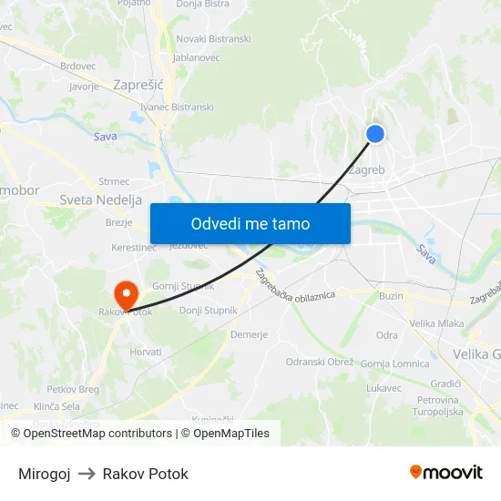 Mirogoj to Rakov Potok map