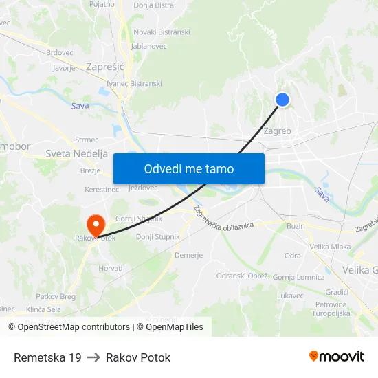 Remetska 19 to Rakov Potok map