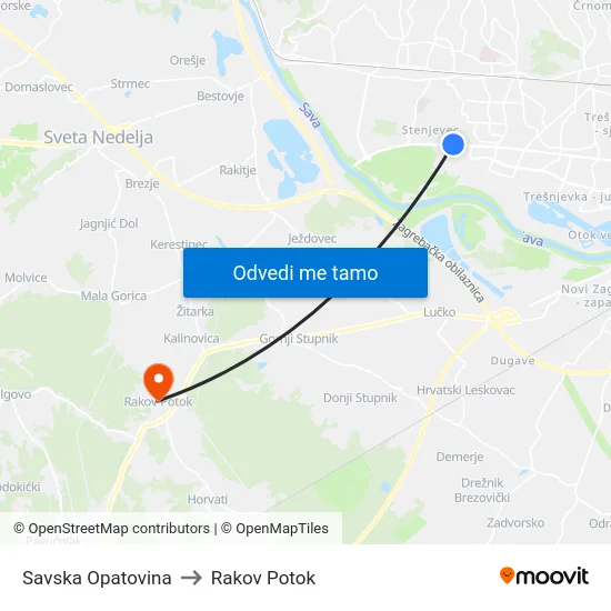 Savska Opatovina to Rakov Potok map