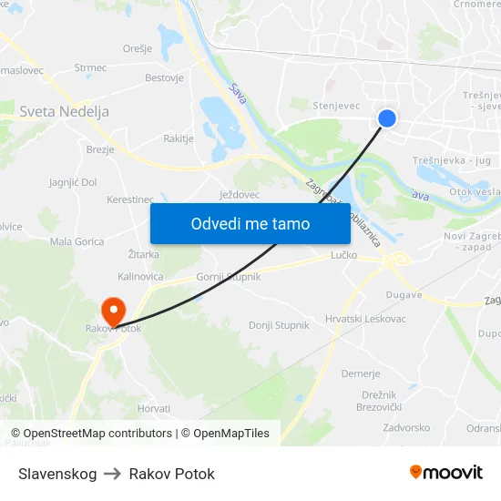 Slavenskog to Rakov Potok map
